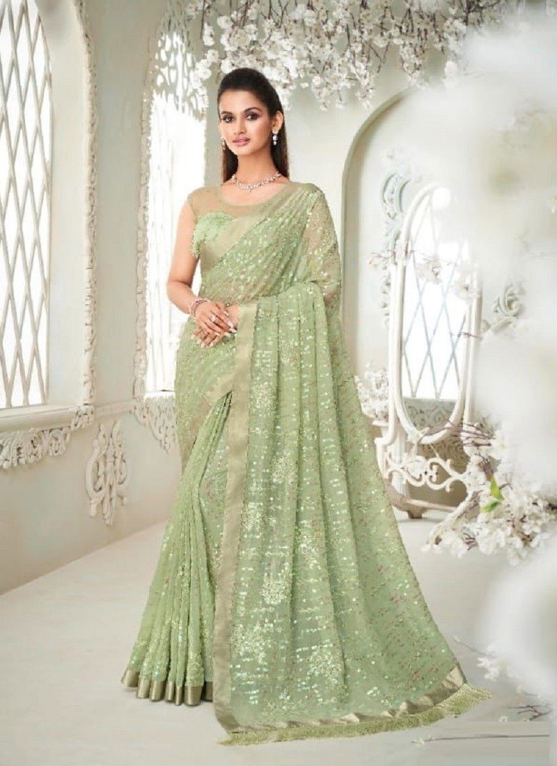 Green Colour Sparkle Hit Design TFH New Latest Party Wear Soft Georgette Saree Collection 6403